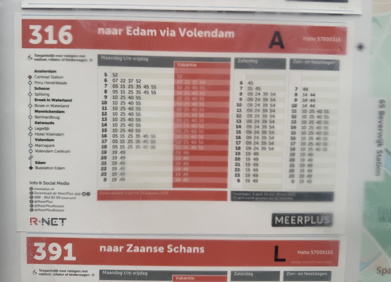 Bus 316 to Volendam timetable 2026