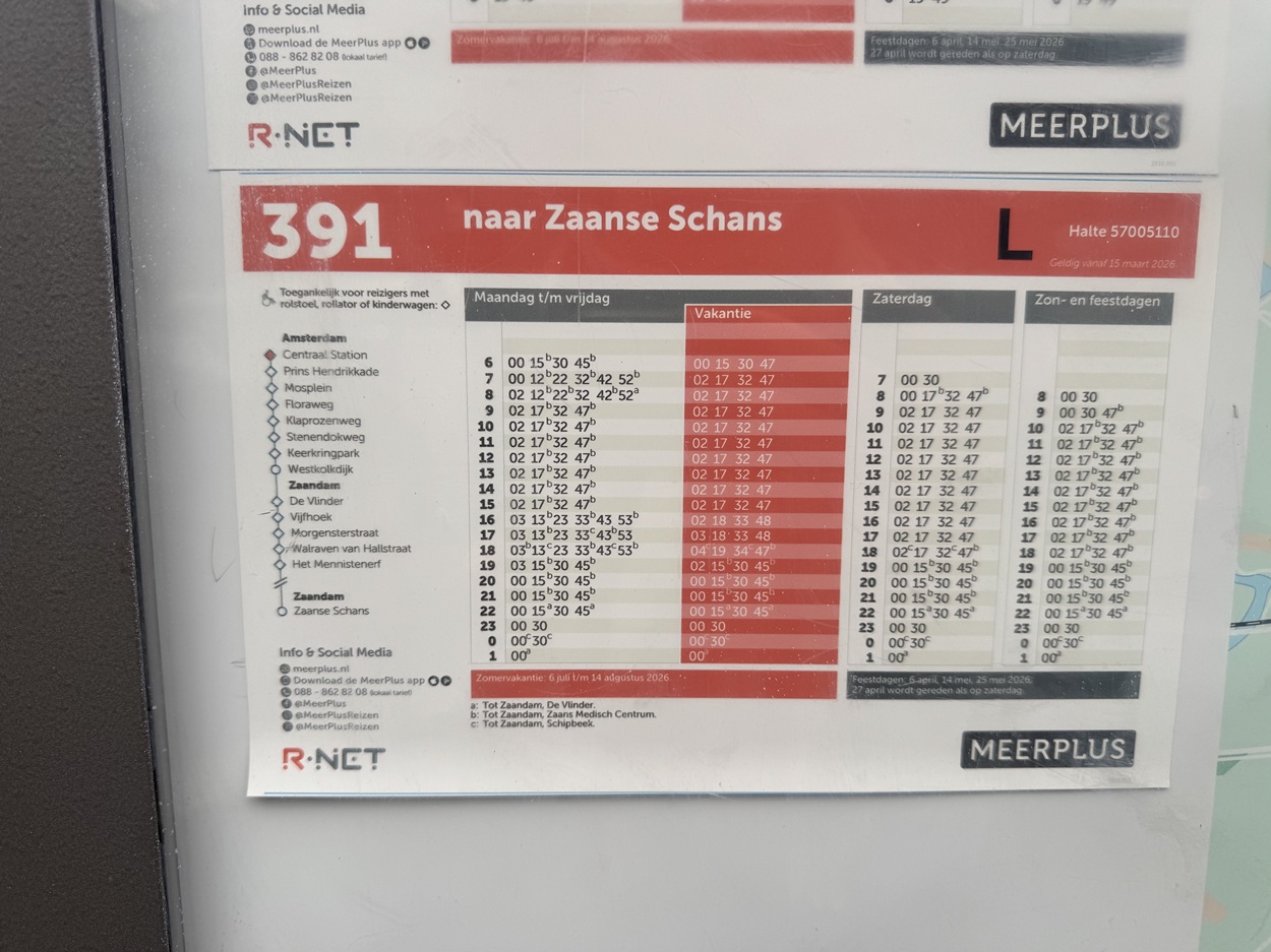 Bus 391 timetable Amsterdam Zaanse Schans