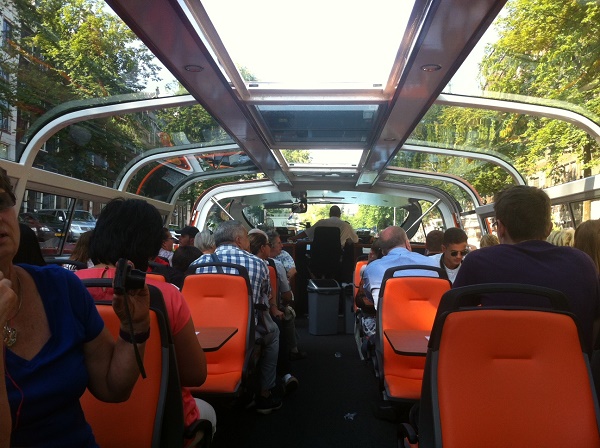 Inside a Lovers canal cruise boat in Amsterdam, seats facing forward