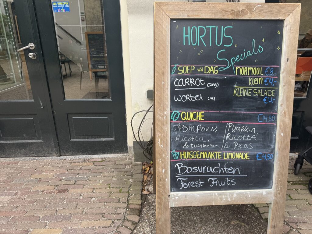 Menu and prices at the Hortus Botanicus Amsterdam café